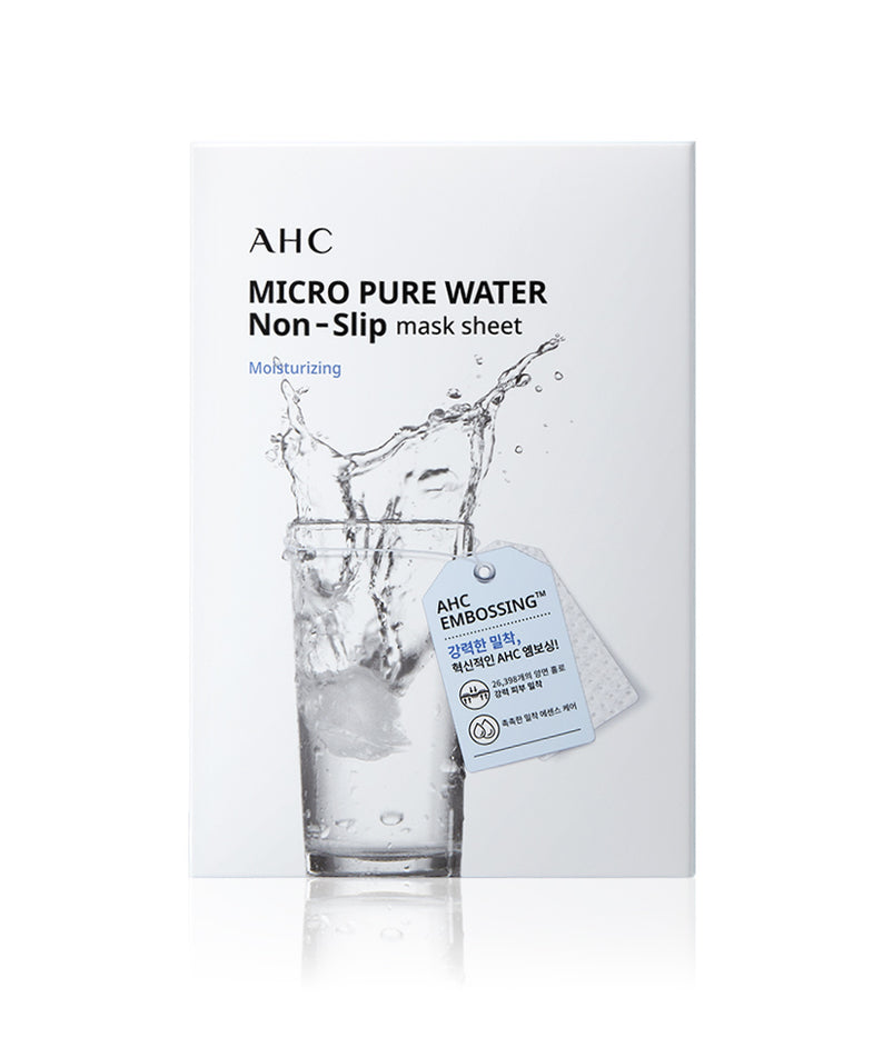 AHC Micro Pure Water Non-Slip Mask Sheets 10ea par AHC, feuille de masque anti-dérapante sur fond blanc, avec eau