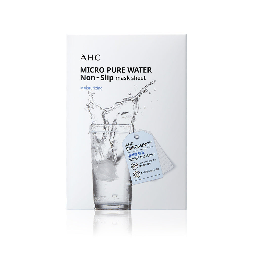 AHC Micro Pure Water Non-Slip Mask Sheets 10ea par AHC, feuille de masque anti-dérapante sur fond blanc, avec eau