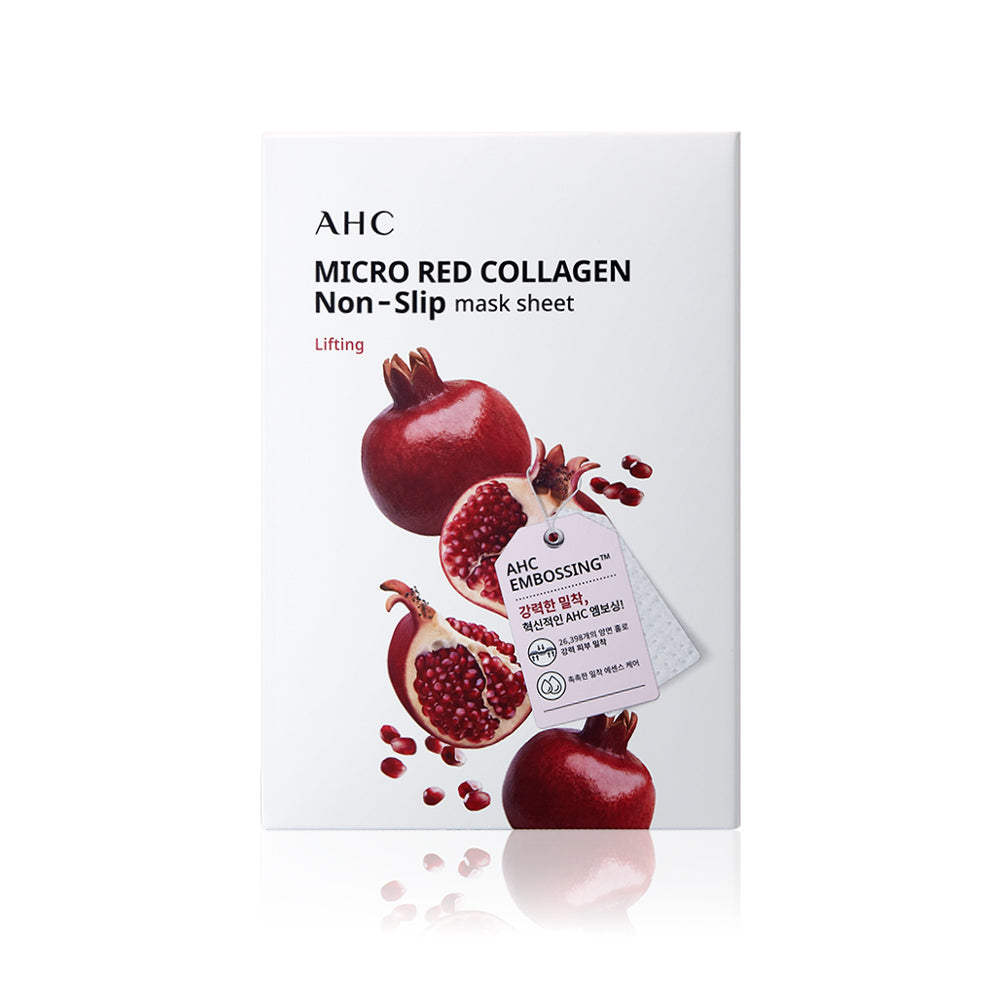 AHC Micro Red Collagen Non-Slip Mask Sheets 10ea, coffret AHC avec masque en tissu et collagène rouge, visuel produit