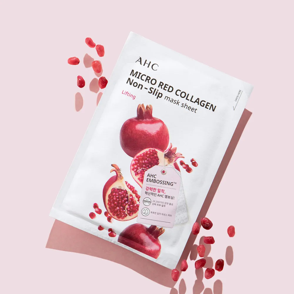AHC Micro Red Collagen Non-Slip Mask Sheets 10ea, masque AHC micro-rouge anti-glisse avec collagène, visuel sur fond rose.