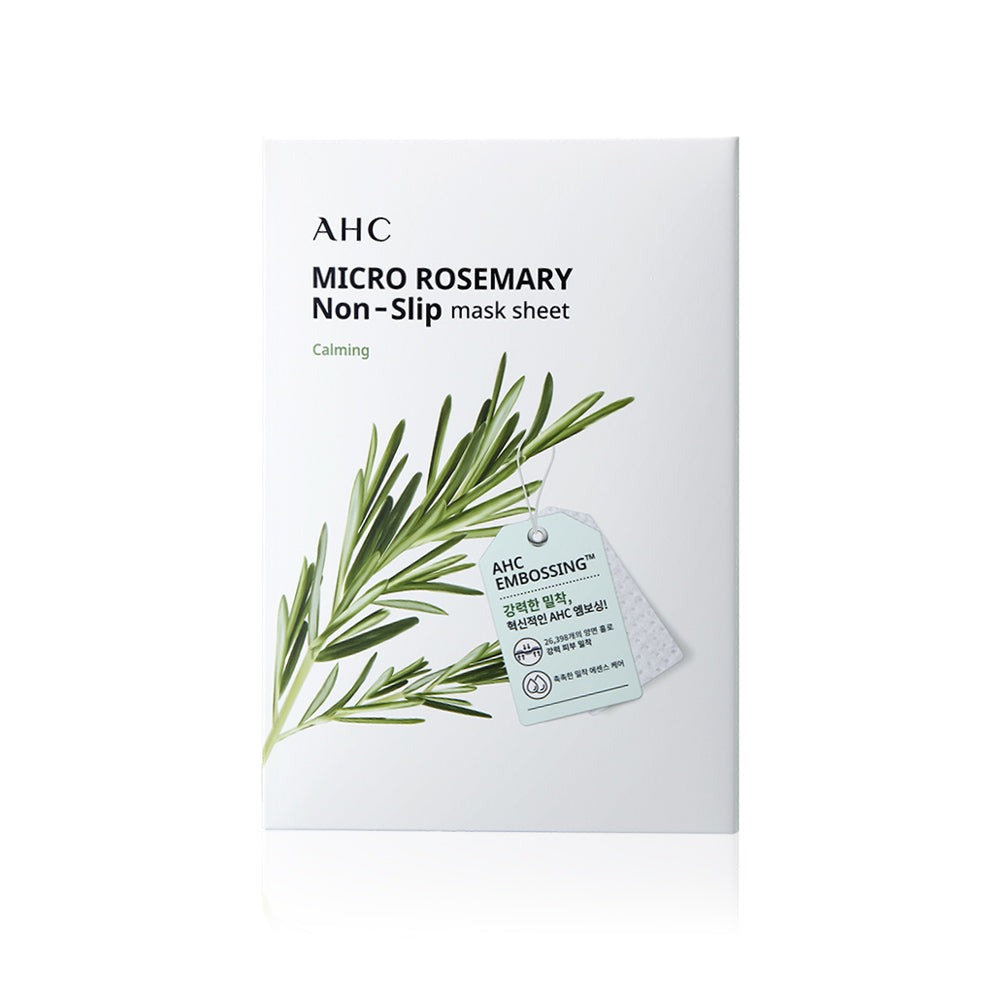 Décris l'image en français : AHC Micro Rosemarry Non-Slip Mask Sheets 10ea de la marque AHC, masque en sachet.