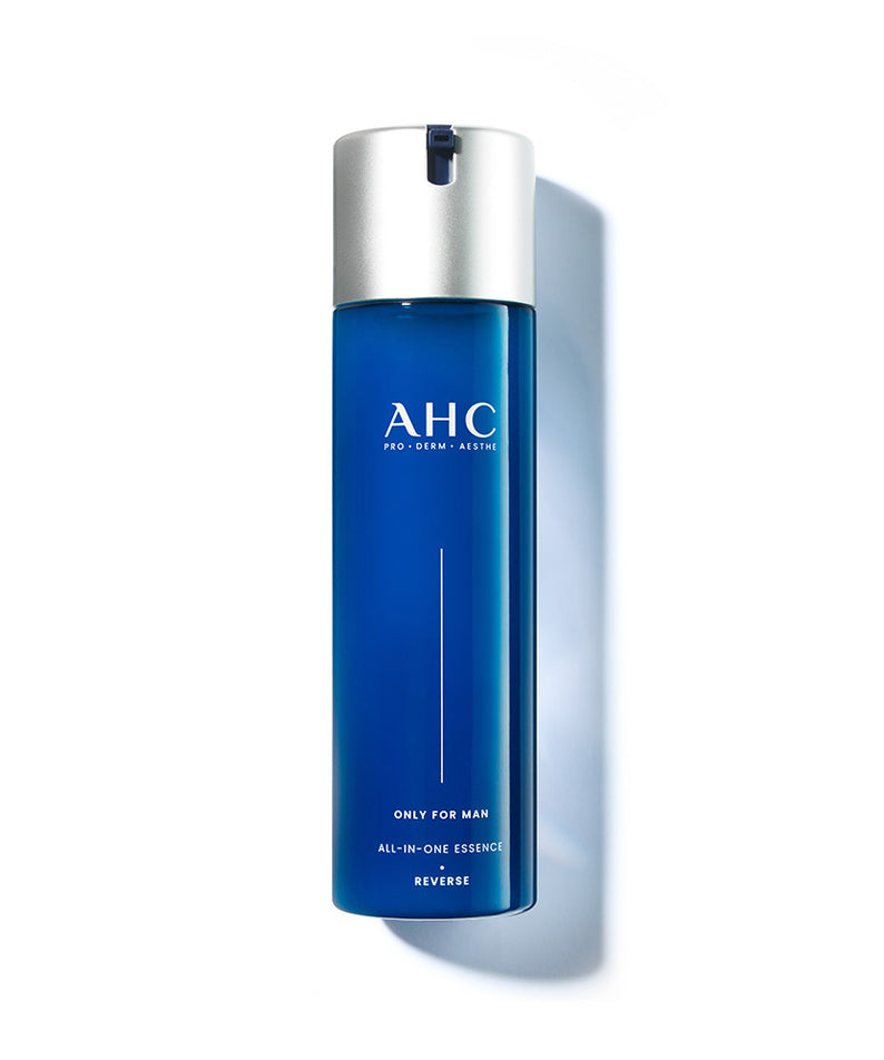 AHC Only For Men All-in-One Essence 200ml, flacon bleu AHC sur fond clair, photo produit en studio.