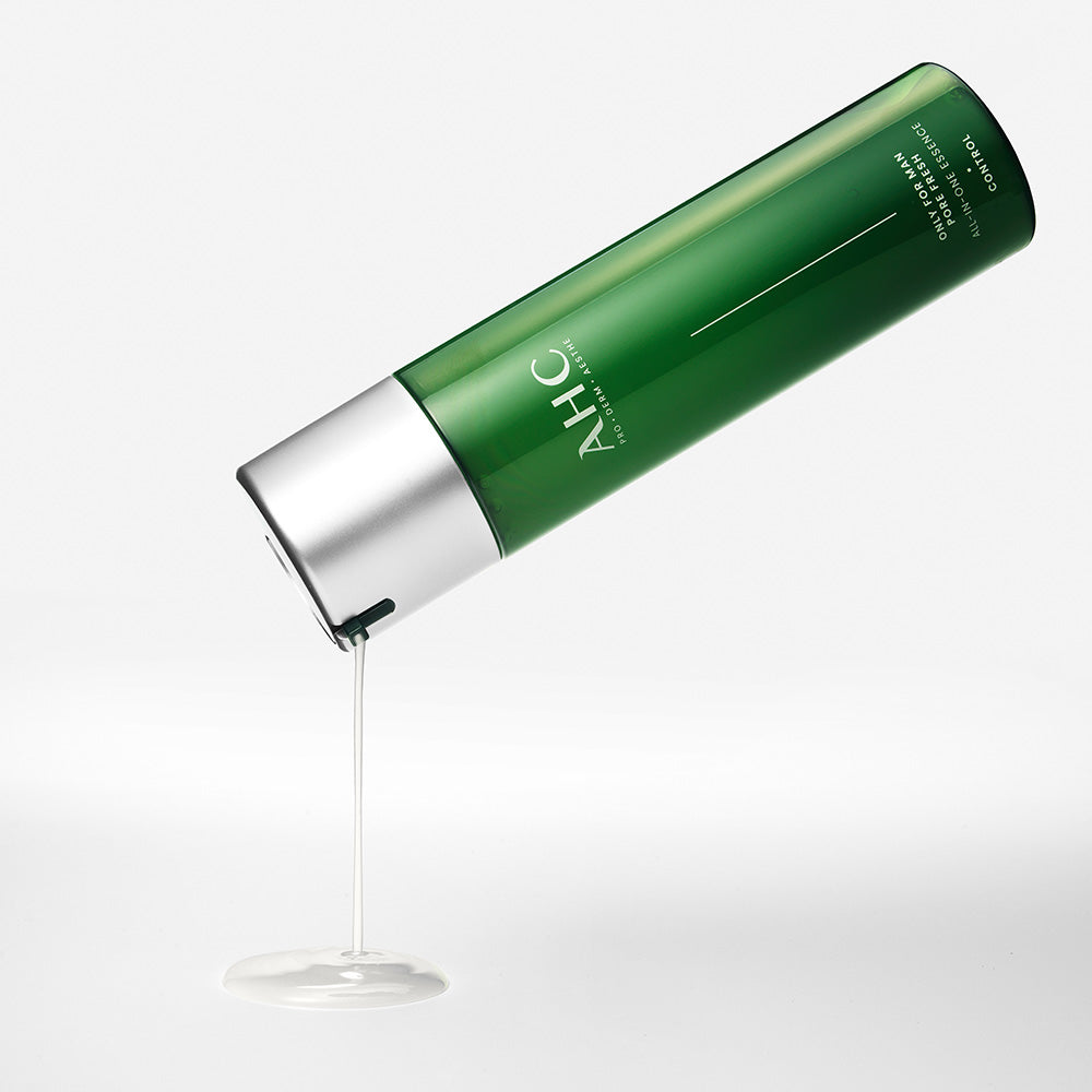 AHC Only For Men Pore Fresh All-in-One Essence 200ml, flacon vert sur fond blanc, produit homme de la marque AHC.