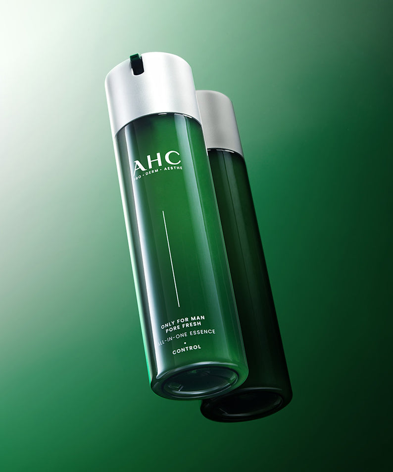 AHC Only For Men Pore Fresh All-in-One Essence 200ml en bouteille verte AHC sur fond dégradé vert, visuel produit