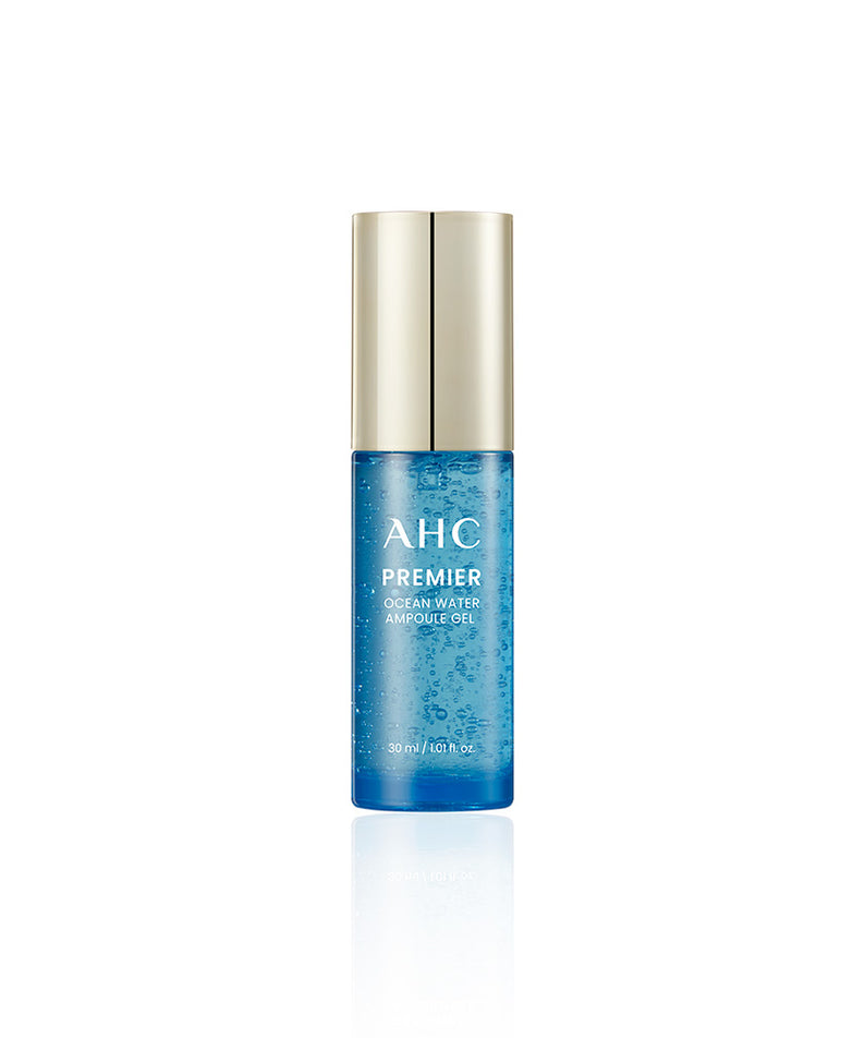 AHC Premier Ocean Water Ampoule Gel 30ml, flacon bleu AHC sur fond blanc, gel ampoule au style produit cosmétique