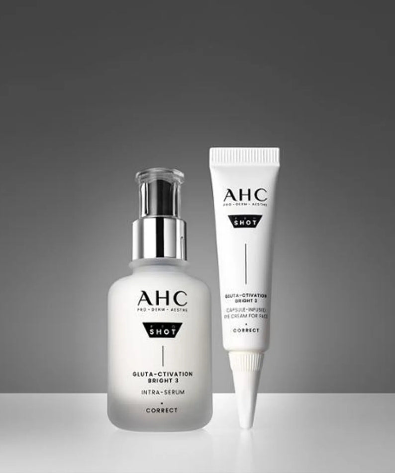AHC Pro Shot Gluta Activation Bright 3 Intra Serum 40ml AHC sur fond gris, flacon et tube de sérum