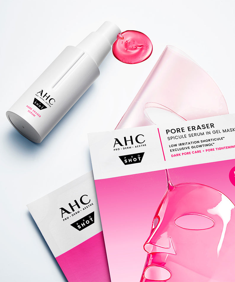 AHC Pro Shot Pore Eraser Gel Mask (5-pack) AHC, masques gel rosés sur fond clair, visuel produit skincare