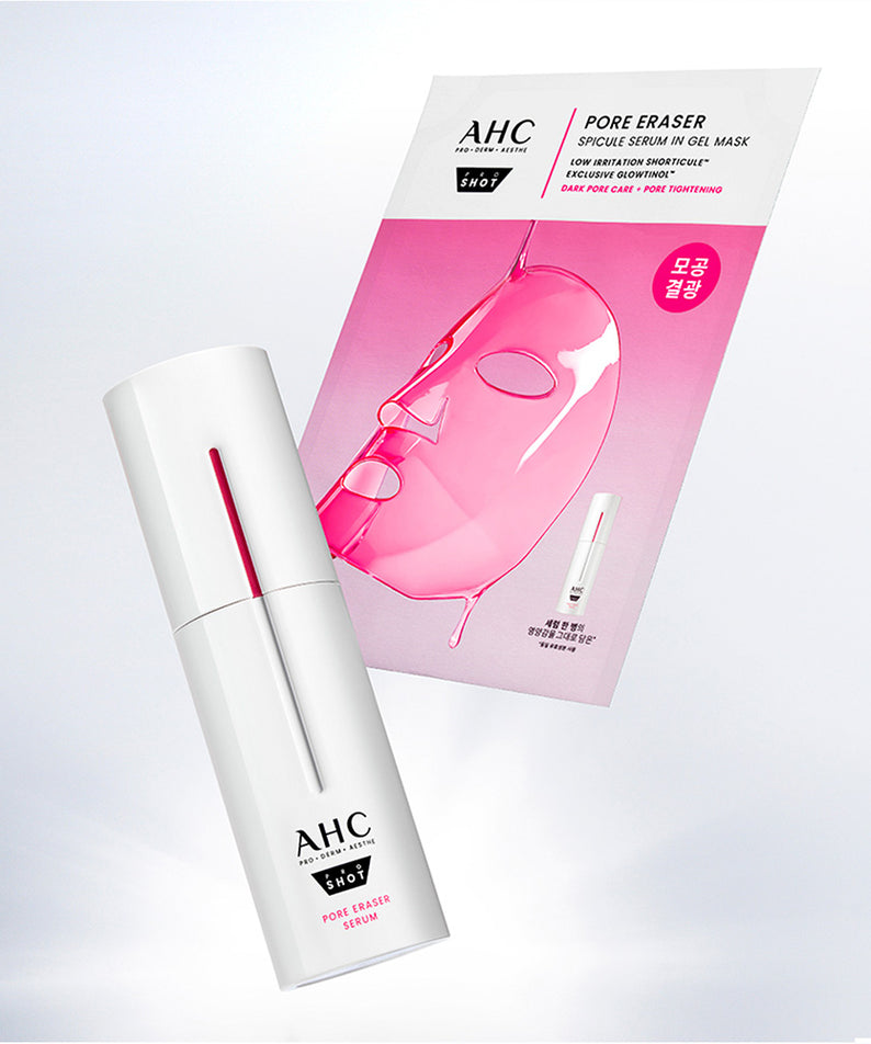 AHC Pro Shot Pore Eraser Gel Mask (5-pack) AHC, masque gel anti-pores sur fond clair, pack et flacon en visuel.