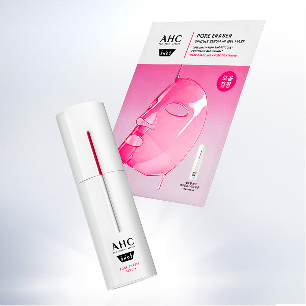 AHC Pro Shot Pore Eraser Gel Mask (5-pack) AHC, masque gel anti-pores sur fond clair, pack et flacon en visuel.
