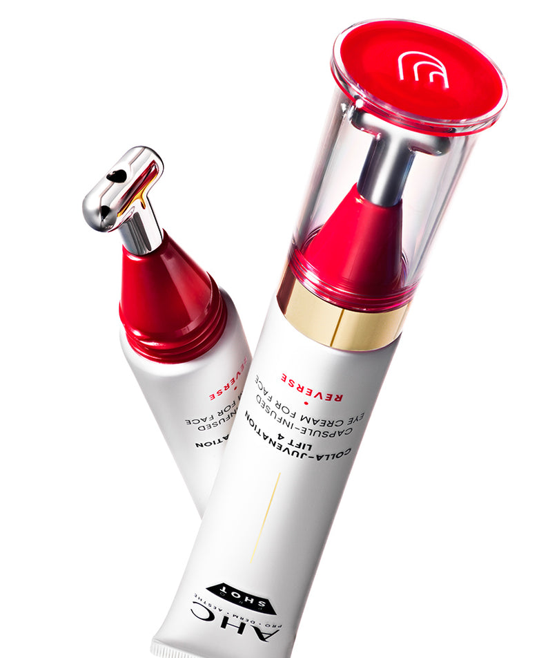 AHC Proshot Collagen Juvenion Lift 4 Capsule Infused Eye Cream for Face 30ml, tube rouge et blanc sur fond blanc.