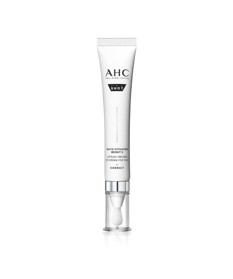 AHC Proshot Gluta Activation Bright 3 Capsule Eye Cream for Face 30ml : tube blanc AHC, produit cosmétique sur fond clair.