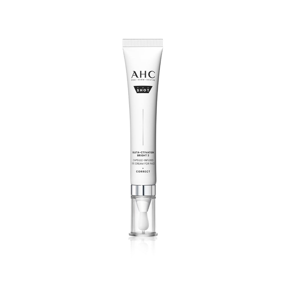 AHC Proshot Gluta Activation Bright 3 Capsule Eye Cream for Face 30ml : tube blanc AHC, produit cosmétique sur fond clair.