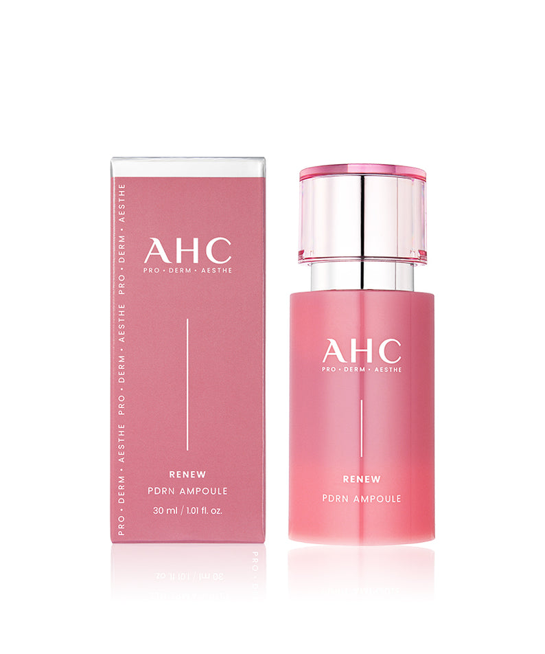 AHC Renew PDRN Ampoule 30ml AHC, flacon et boîte sur fond blanc, contexte visuel cosmétique en français