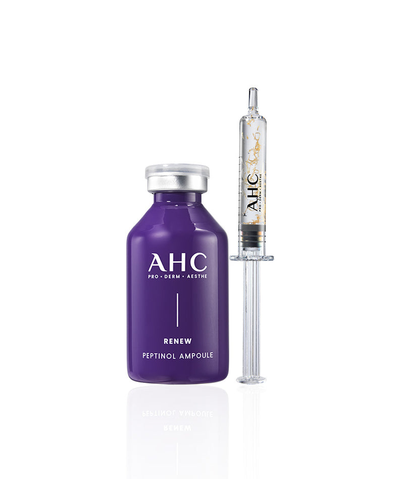 AHC Renew Peptinol Ampoule 30ml de la marque AHC, flacon violet et sérum en ampoule sur fond blanc.