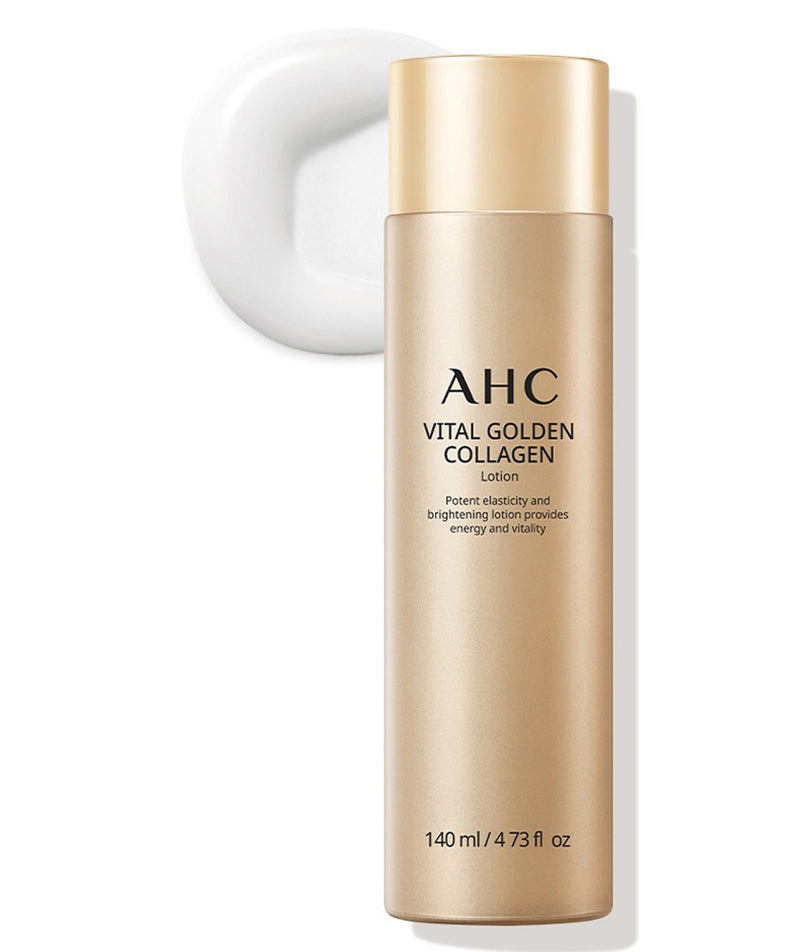 AHC Vital Golden Collagen Lotion, flacon doré AHC sur fond blanc, contexte beauté et soin du visage.