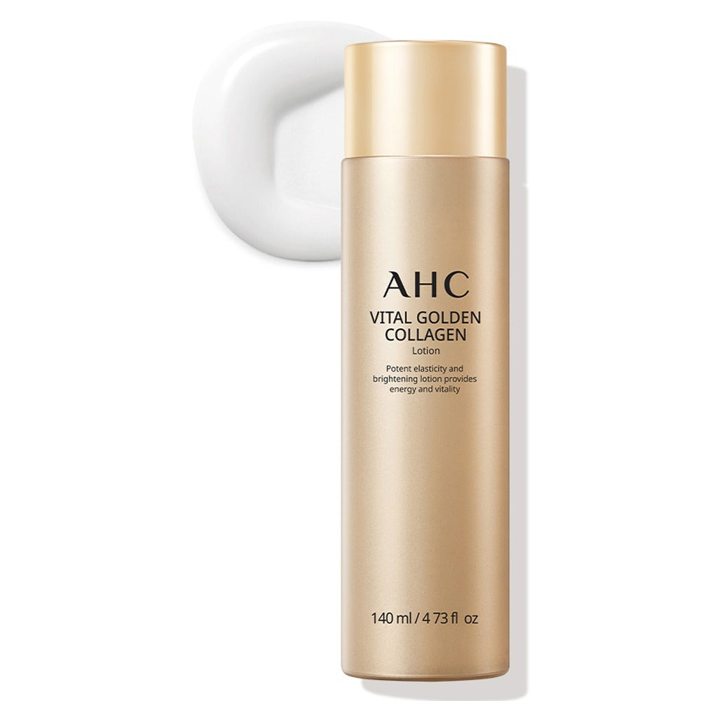 AHC Vital Golden Collagen Lotion, flacon doré AHC sur fond blanc, contexte beauté et soin du visage.