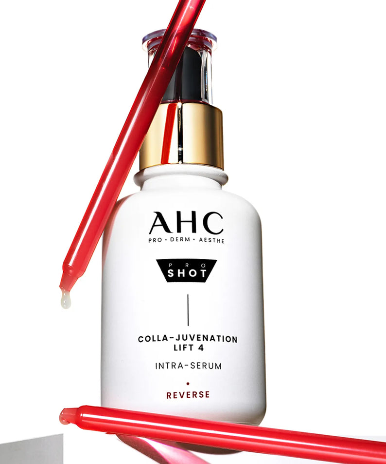 AHC Pro Shot Cola Juvenation Lift 4 Intra Serum 40ml sur fond blanc avec compte-gouttes rouges.