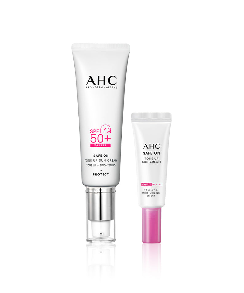 AHC Safe On Tone-Up Sunscreen 50ml avec SPF 50+, protection et luminosité pour la peau, emballage blanc et rose.