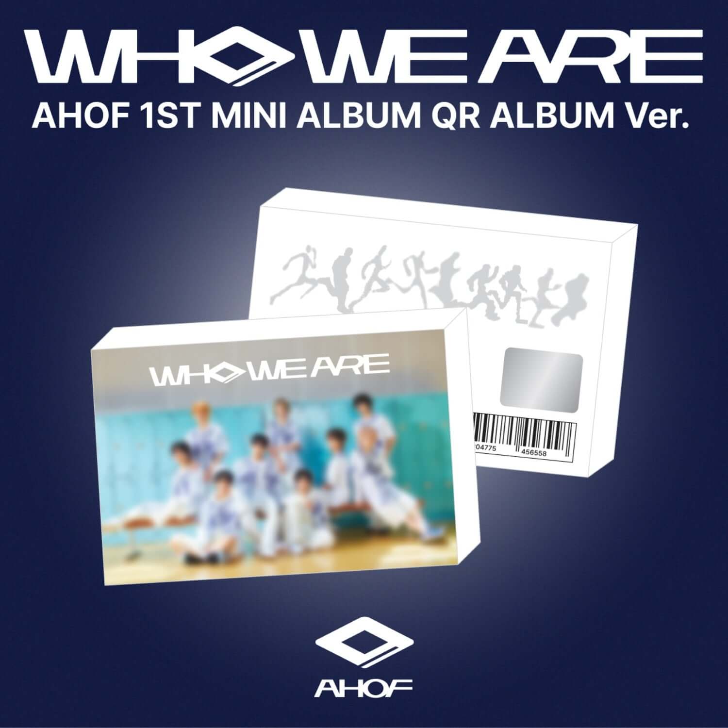 AHOF - 1st Album [WHO WE ARE] (QR ALBUM Ver.) - Album Kpop : photo du packaging avec QR, fond bleu et visuel groupe