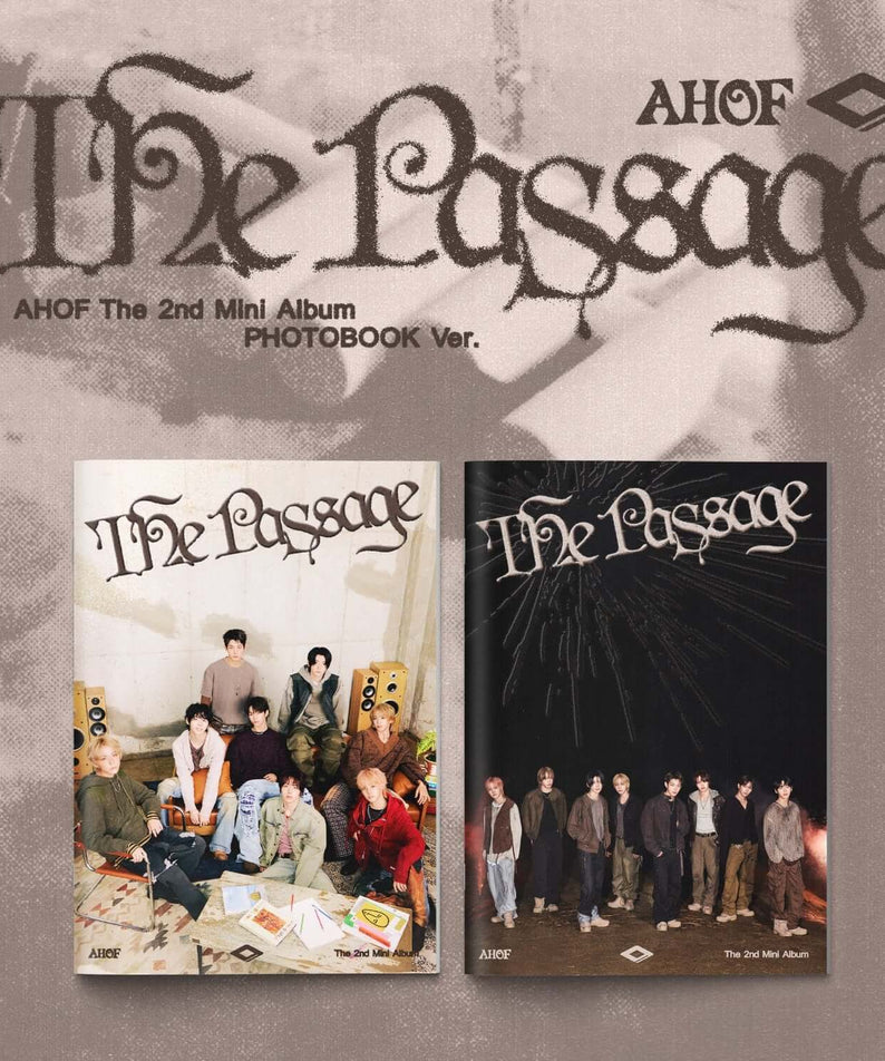 AHOF - The 2nd Mini Album [The Passage] (PHOTOBOOK Ver.) - Album Kpop, visuel avec jaquette et photos du groupe sur fond beige.