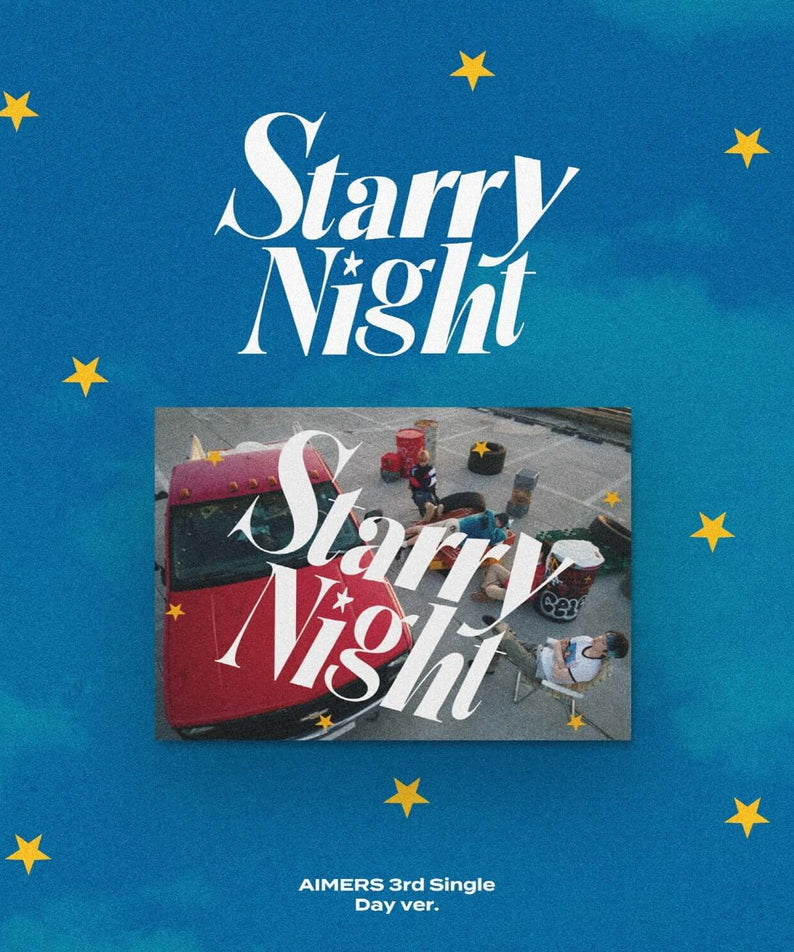 AIMERS - 3rd Single [Starry Night] (Day ver) - Album Kpop : visuel nuit étoilée, pochette bleue avec étoiles, AIMERS