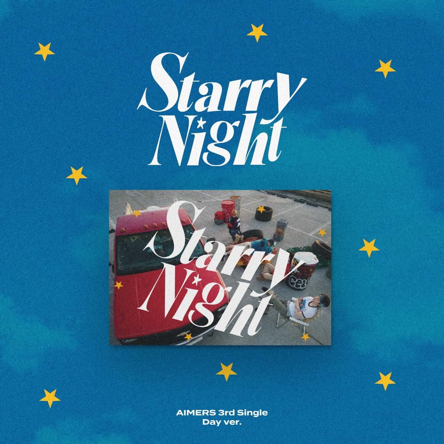 AIMERS - 3rd Single [Starry Night] (Day ver) - Album Kpop : visuel nuit étoilée, pochette bleue avec étoiles, AIMERS