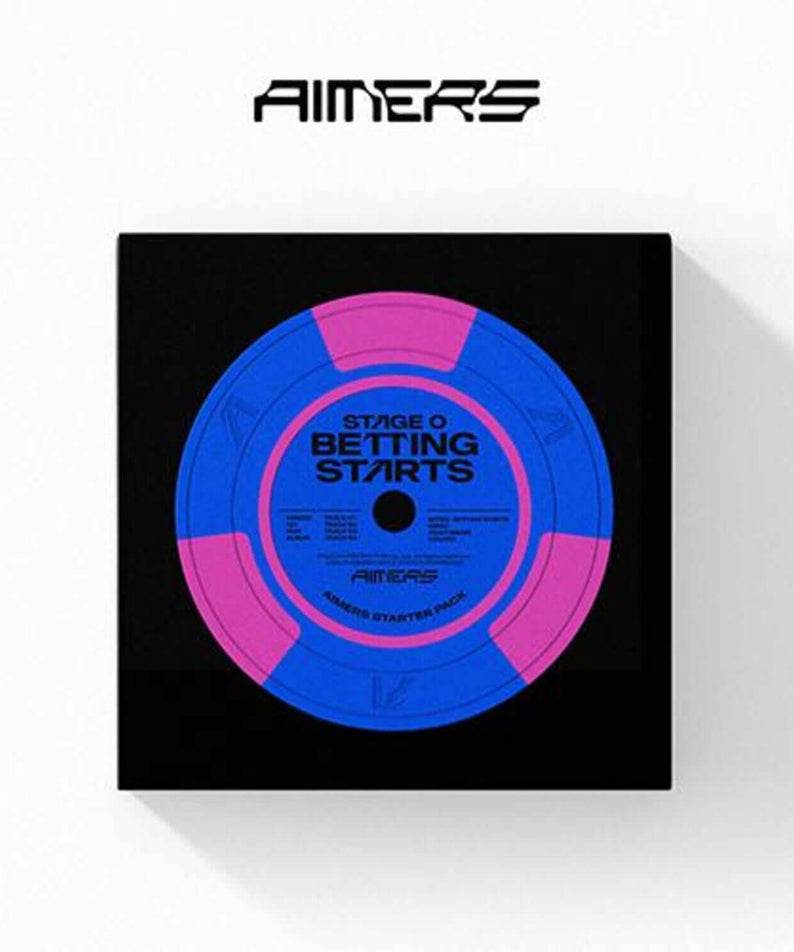 AIMERS - [STAGE 0. BETTING STARTS] - Album Kpop : visuel du disque rose et bleu sur pochette noire, marque AIMERS.