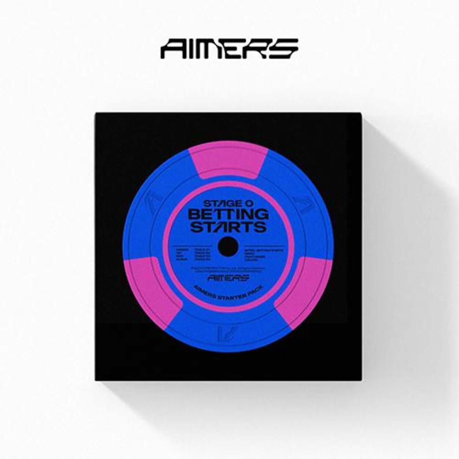 AIMERS - [STAGE 0. BETTING STARTS] - Album Kpop : visuel du disque rose et bleu sur pochette noire, marque AIMERS.
