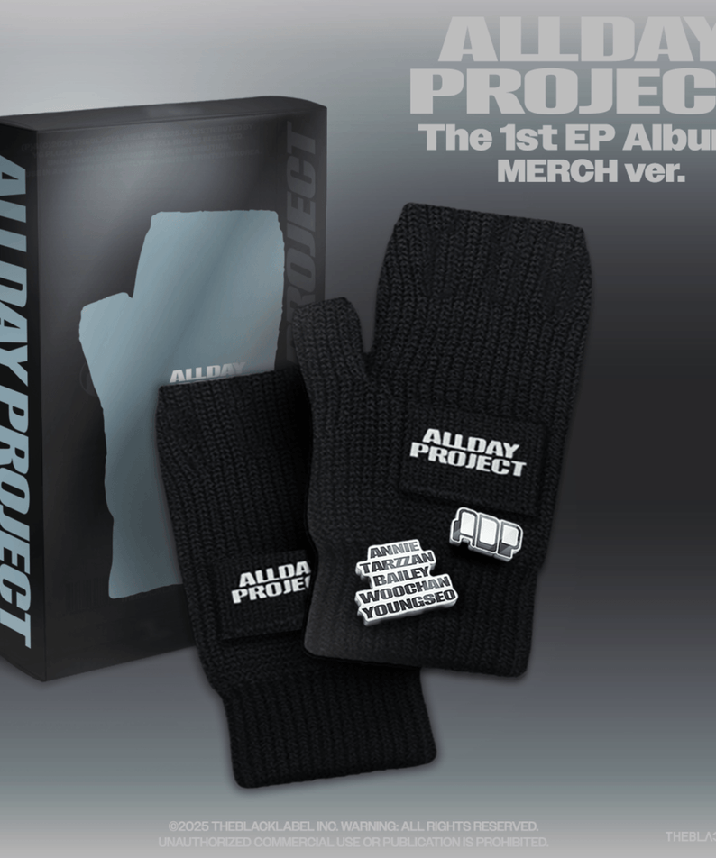 ALLDAY PROJECT - The 1st EP Album [ALLDAY PROJECT](MERCH ver.)(FINGERLESS GLOVES ver.) : pack Kpop avec gants, boîte et visuel.