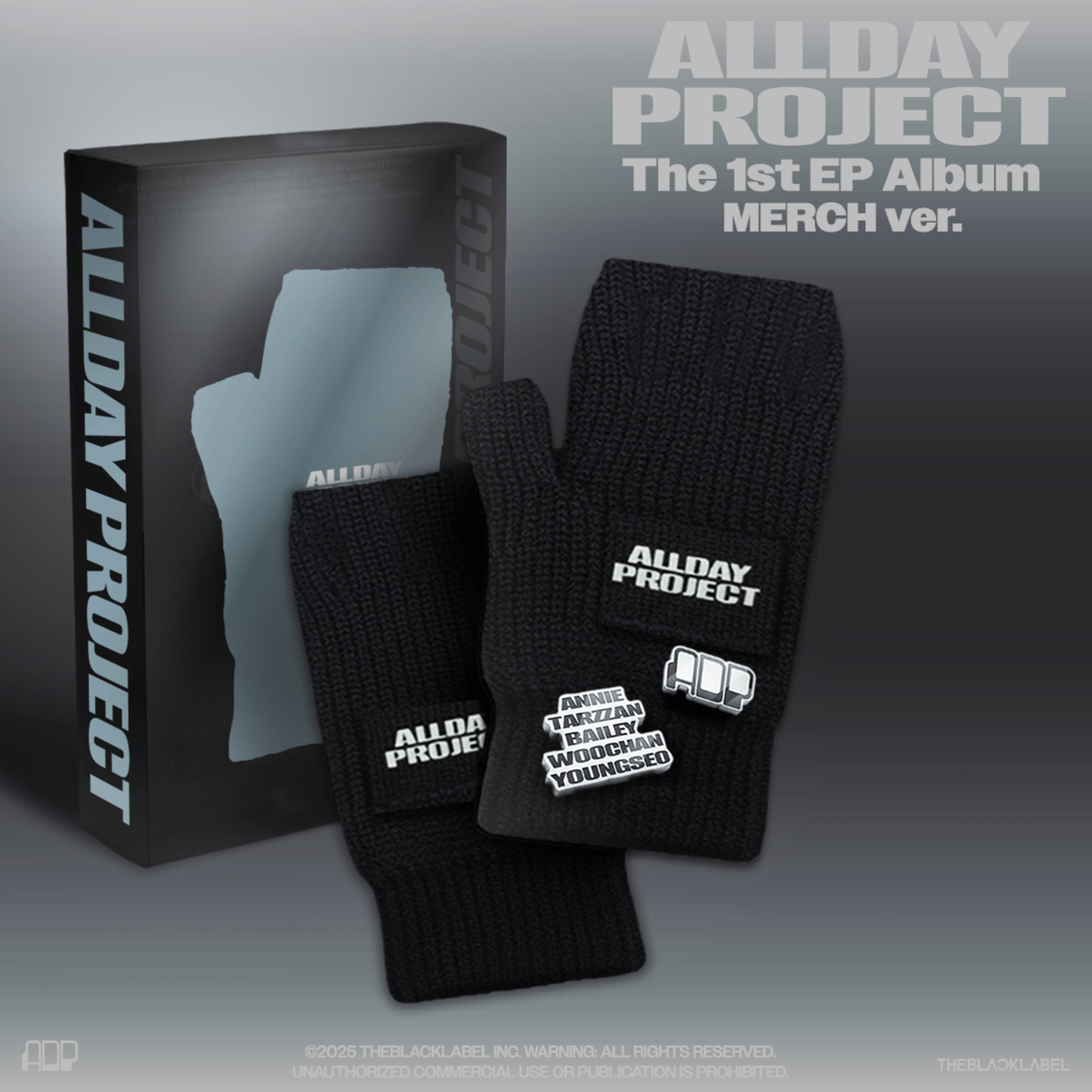 ALLDAY PROJECT - The 1st EP Album [ALLDAY PROJECT](MERCH ver.)(FINGERLESS GLOVES ver.) : pack Kpop avec gants, boîte et visuel.