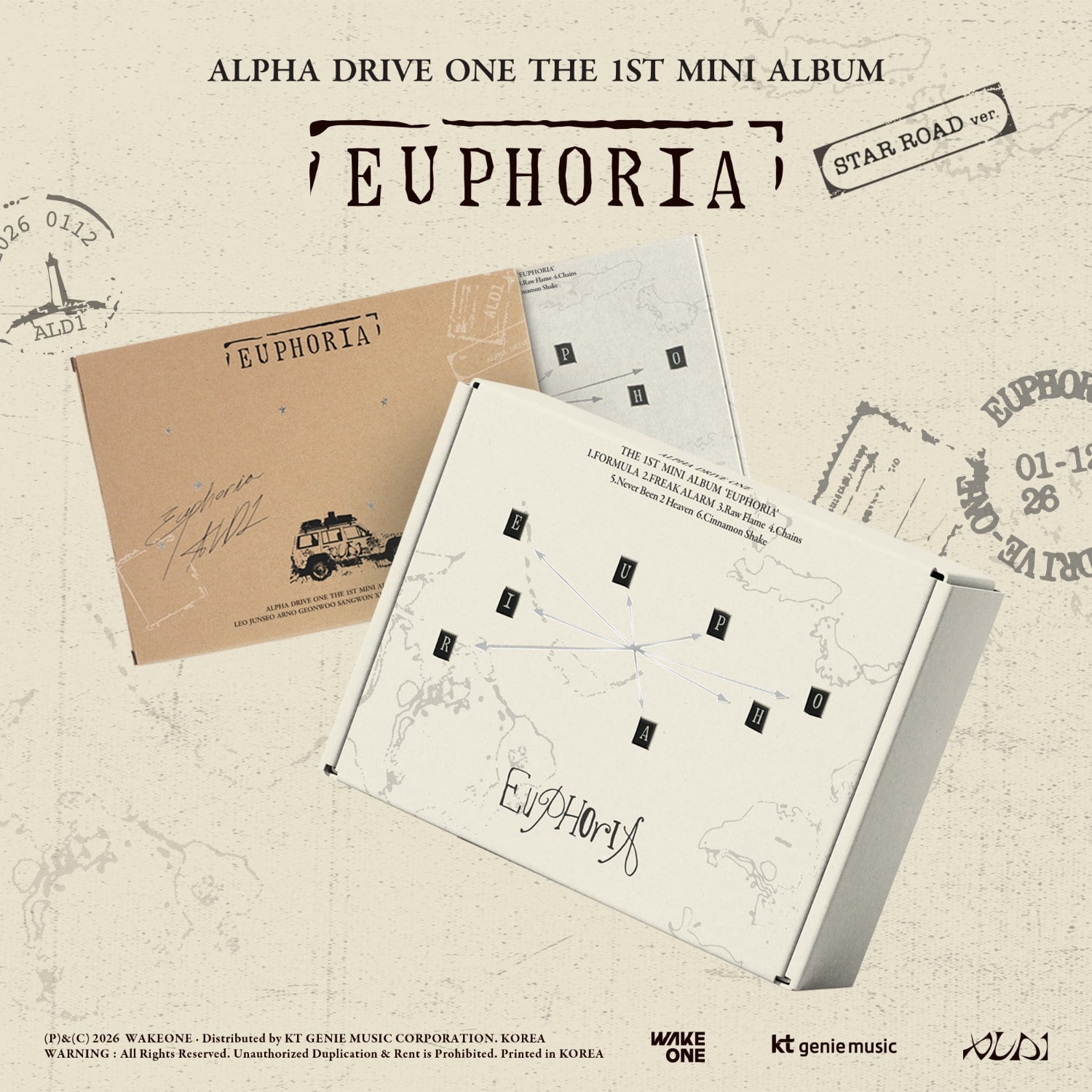 ALPHA DRIVE ONE - THE 1ST MINI ALBUM [EUPHORIA] (STAR ROAD ver.) - Album Kpop, visuel coffret sur fond beige.