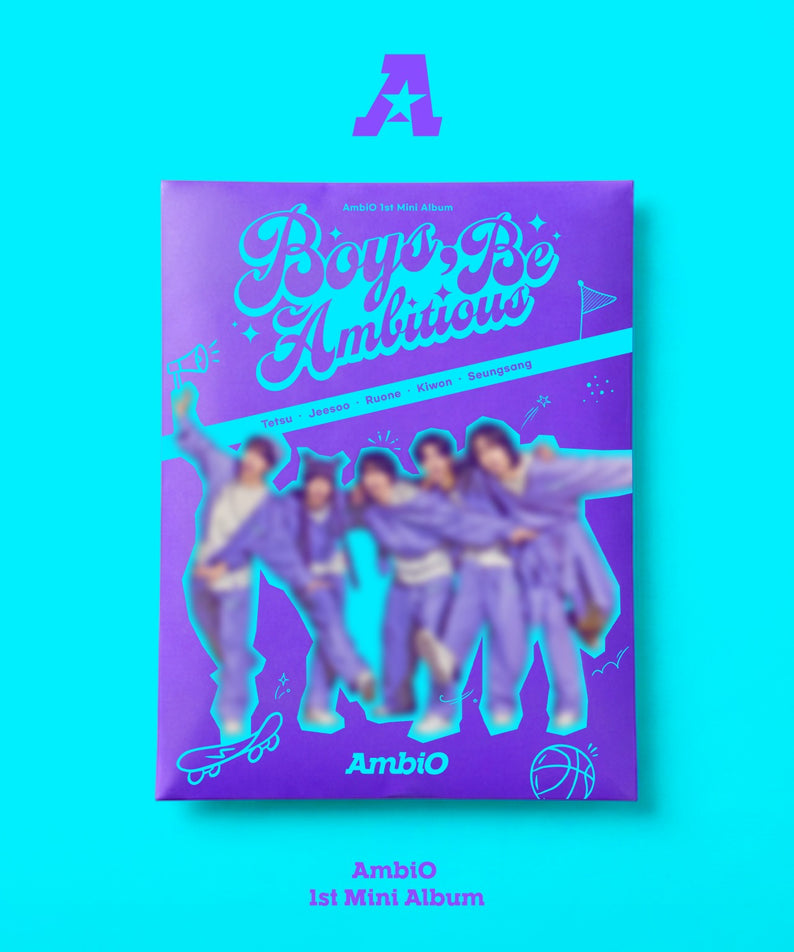 AMBIO - 1st Mini Album [Boys Be Ambitious] - Album Kpop : couverture AMBIO bleue, danseurs stylés, arrière-plan turquoise.