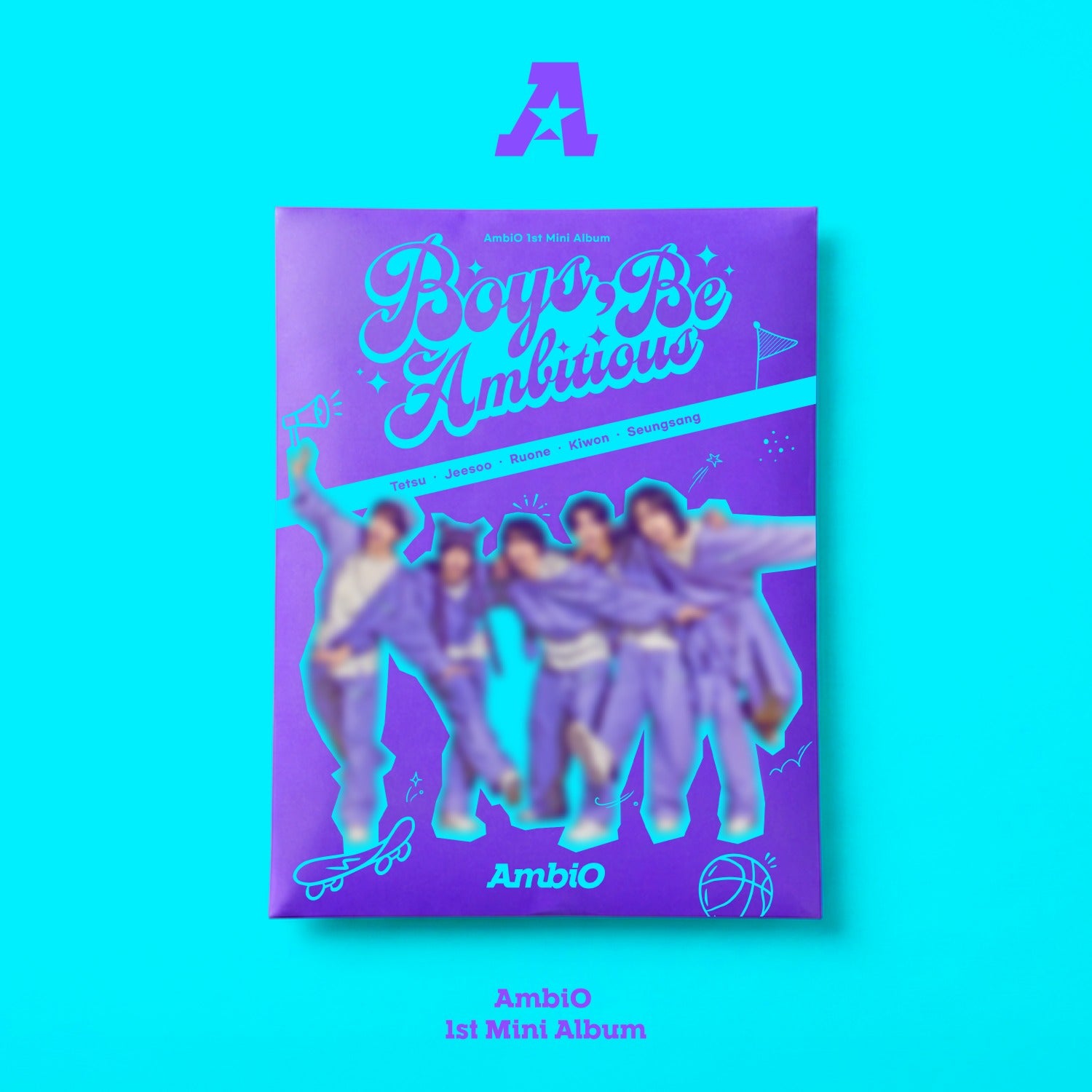 AMBIO - 1st Mini Album [Boys Be Ambitious] - Album Kpop : couverture AMBIO bleue, danseurs stylés, arrière-plan turquoise.
