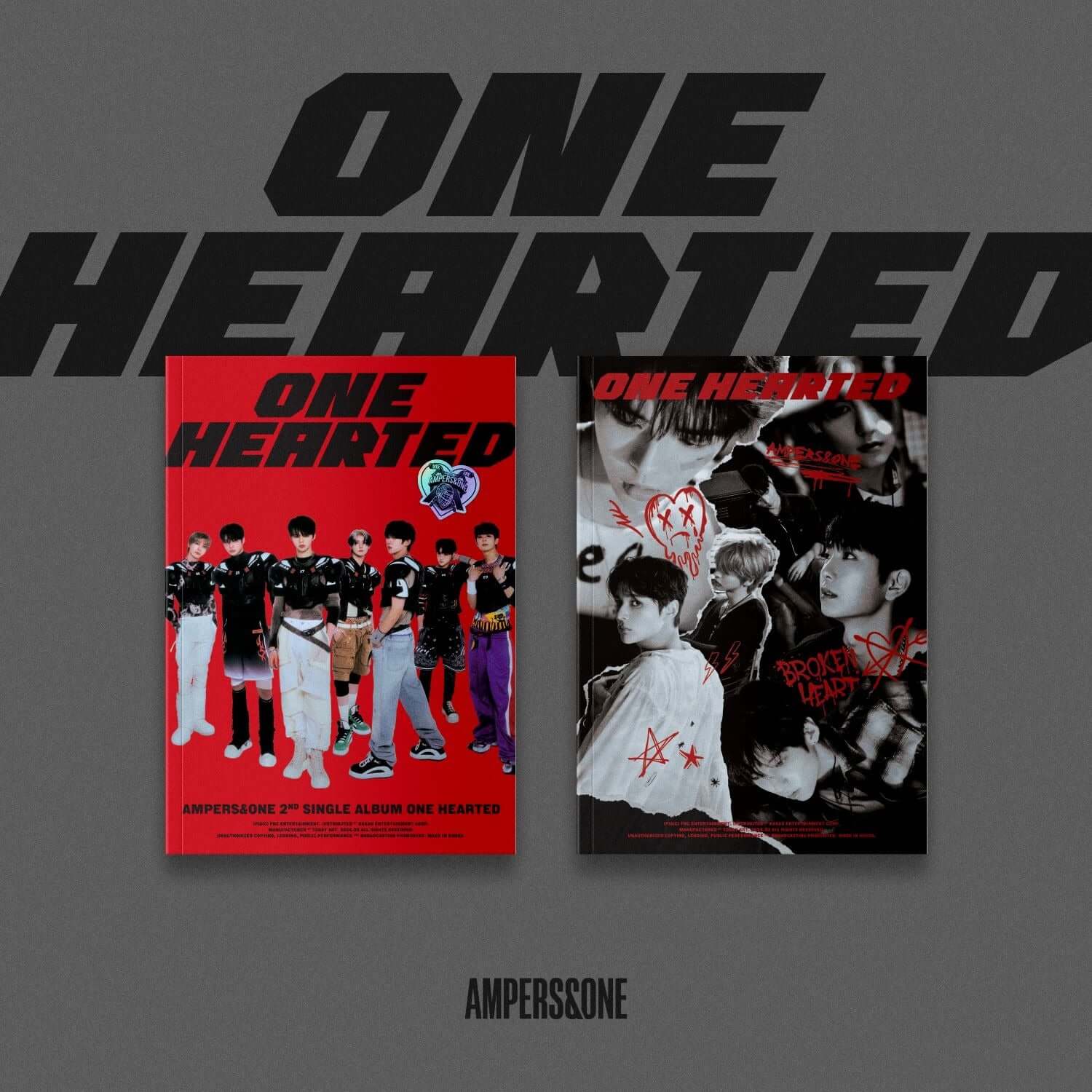 AMPERS&ONE - 2nd Album [ONE HEARTED] (Random 1 of 2) - Album Kpop, jaquettes rouges et noires sur fond gris.