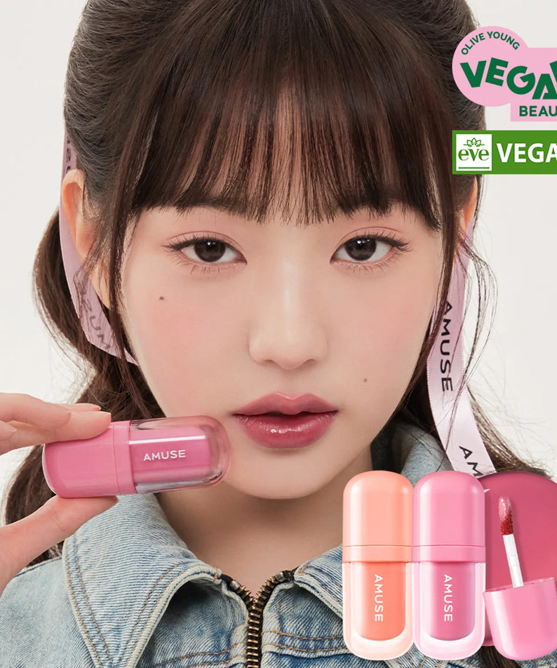 AMUSE BEBE TINT cosmétique vegan avec modèle, produits et logo