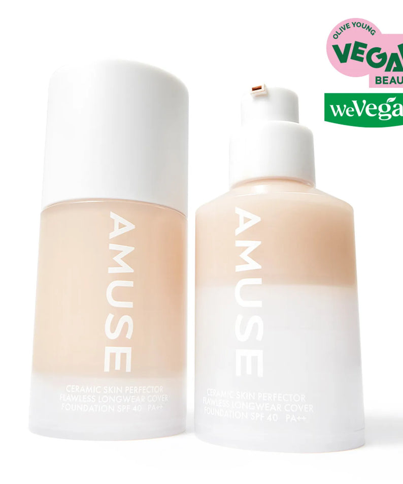 AMUSE Ceraamic Skin Perfection Foundation, flacons de maquillage sur fond clair, logo vegan et certif beauté