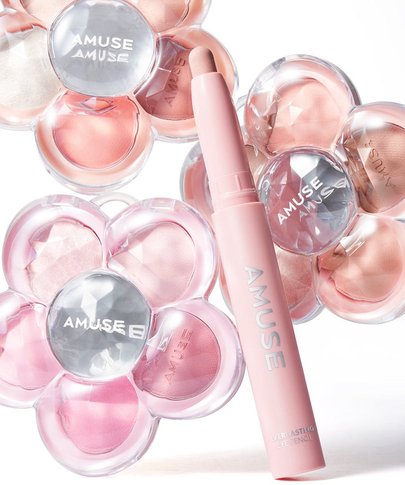 AMUSE Everlasting Eye Pencil 6 Colors de la marque AMUSE, maquillage yeux rose sur fond clair, ensemble de 6 teintes.