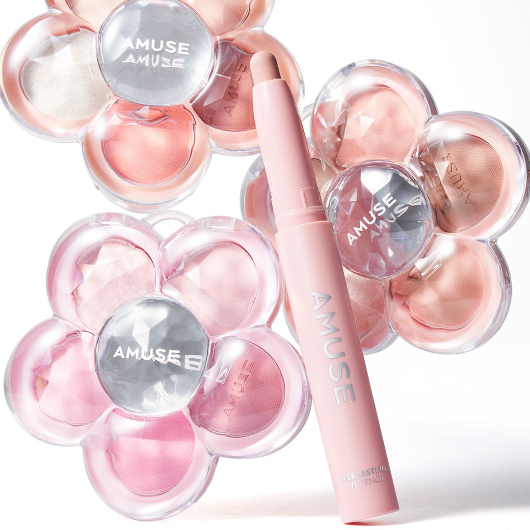 AMUSE Everlasting Eye Pencil 6 Colors de la marque AMUSE, maquillage yeux rose sur fond clair, ensemble de 6 teintes.