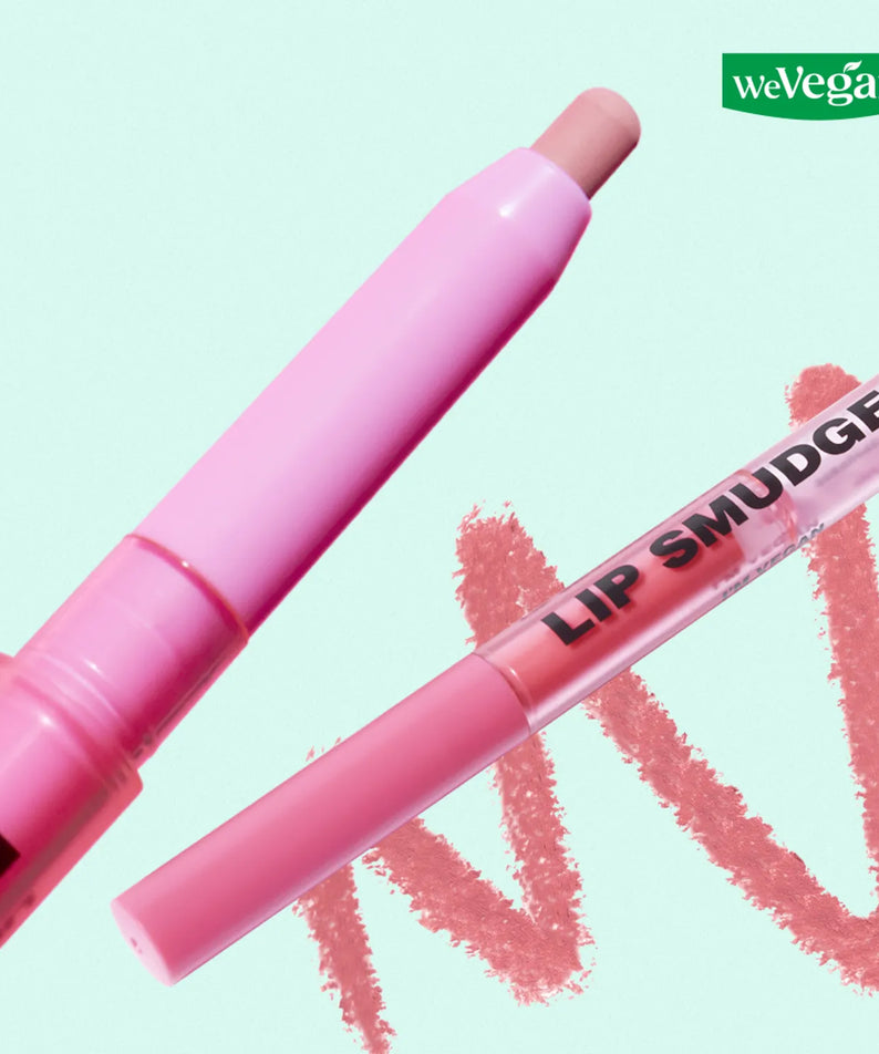 AMUSE Lip Smudger, marque AMUSE, gros plan sur tube et texture rose sur fond clair, style vegan WeVegan.
