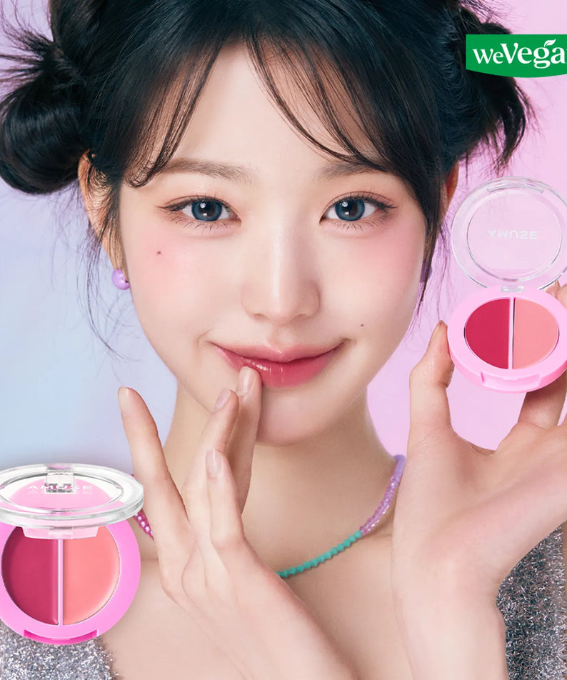 AMUSE Lip & Cheek Healthy Balm de la marque sur visage maquillé, femme en gros plan avec baume rose, WeVegan