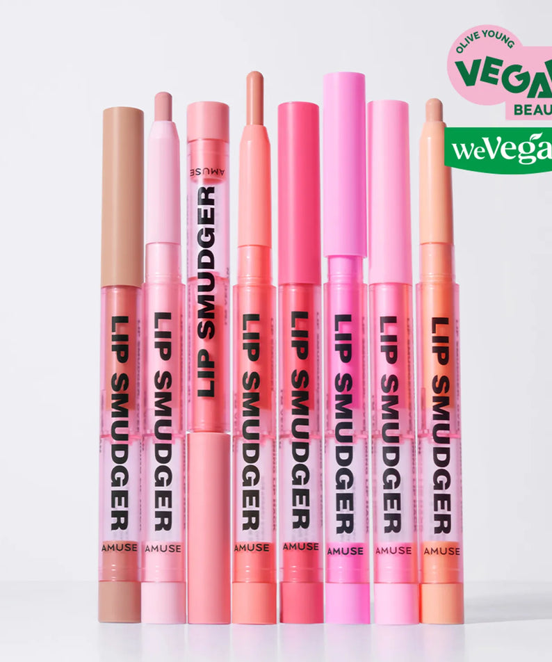 AMUSE Lip Smudger de la marque AMUSE, tibeaux roses sur fond clair, visuel vegan beauté en badge.