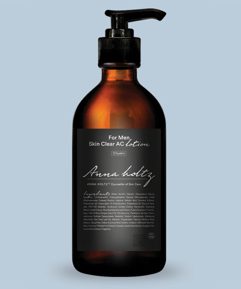 ANNA HOLTZ For Men Homme Men's Skin Clear Lotion Large Capacity 300ml, flacon pompe sur fond bleu clair