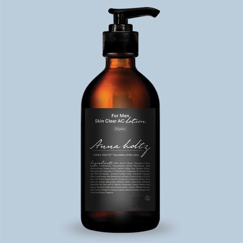 ANNA HOLTZ For Men Homme Men's Skin Clear Lotion Large Capacity 300ml, flacon pompe sur fond bleu clair