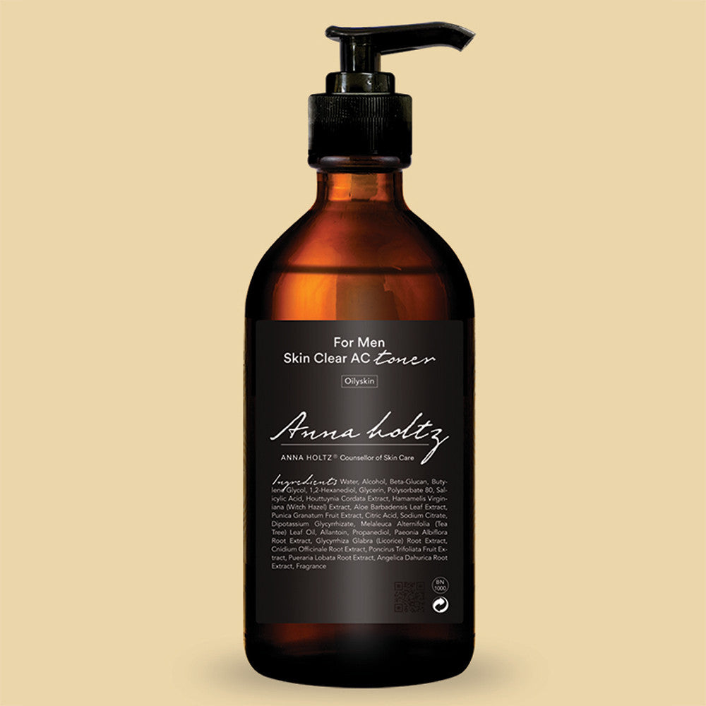 ANNA HOLTZ For Men Homme Men's Skin Clear Toner Large Capacity 300ml, flacon pompe sur fond beige, homme soins peau