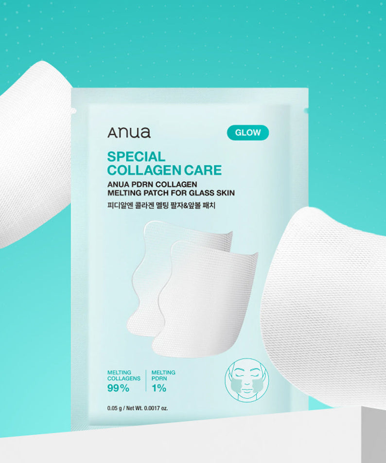 ANUA PDRN Collagen Melting Patch for Glass Skin 4ea, masque visage ANUA sur fond bleu, patchs en contexte soin