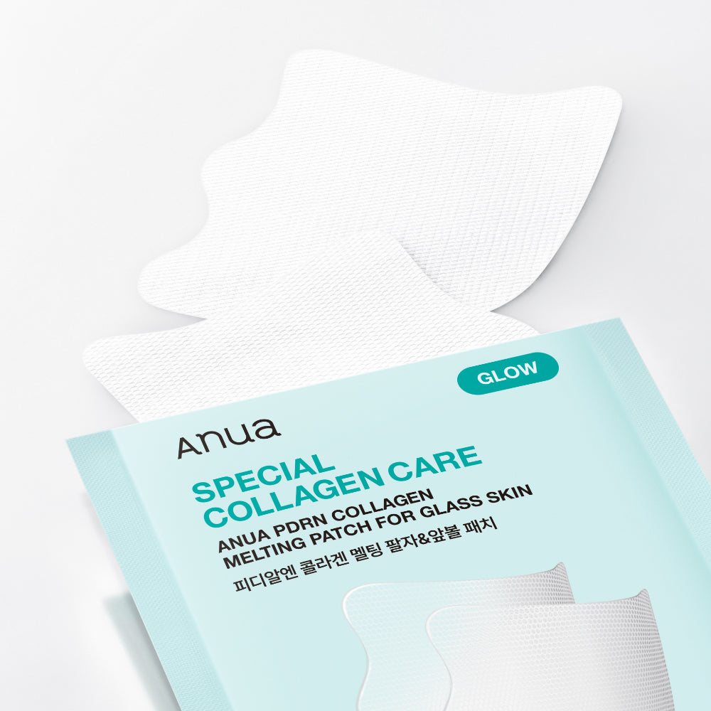 Décris l'image en français en mentionnant le produit, la marque et le contexte visuel : ANUA PDRN Collagen Melting Patch for Glass Skin 4ea