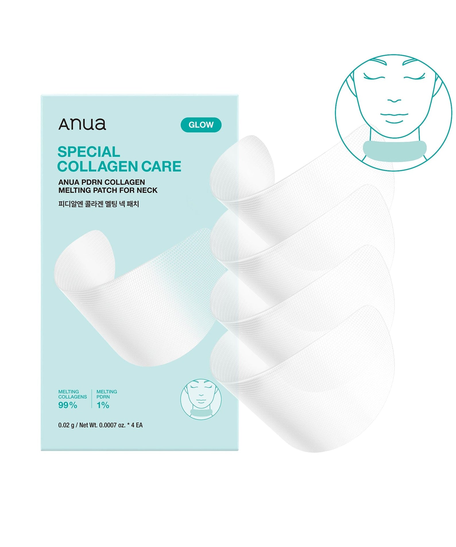 ANUA PDRN Collagen Melting Patch for Neck 4ea, Anua, patchs pour le cou sur fond bleu, pack produit.