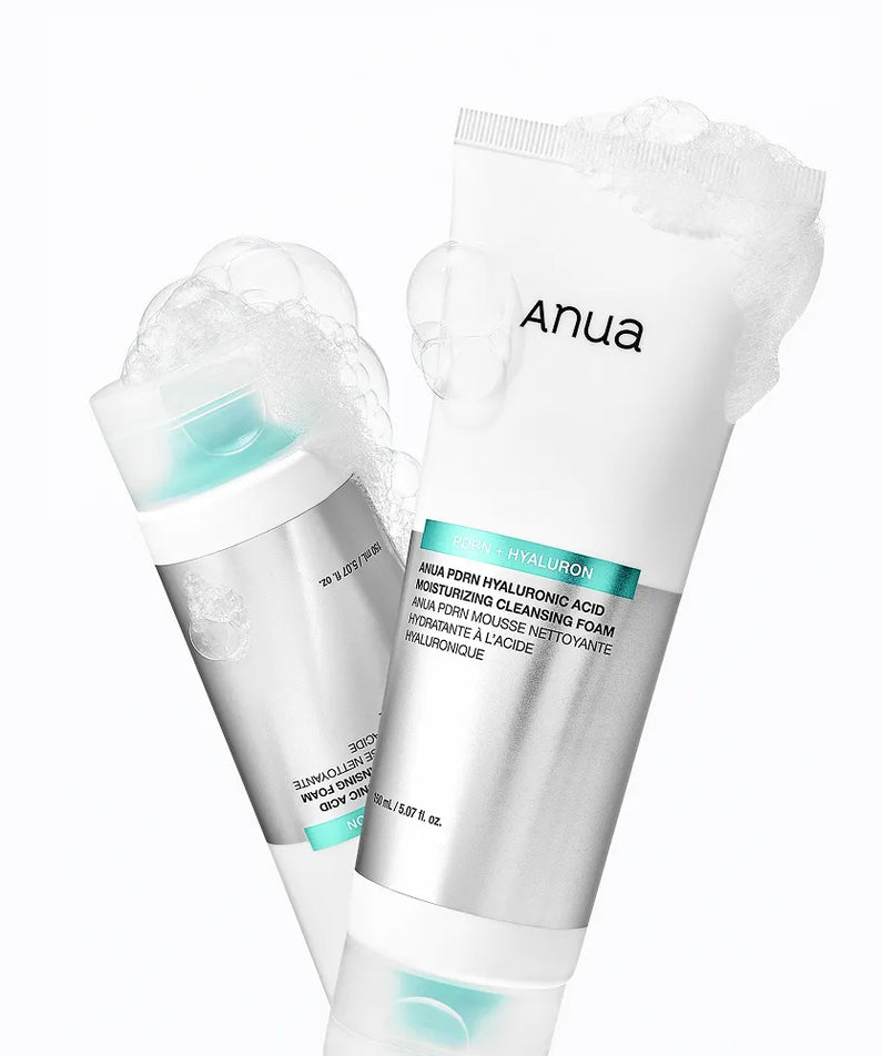 ANUA PDRN Hyaluronic Acid Moisture Cleansing Foam 150ml, mousse blanche, marque ANUA, tubes sur fond blanc