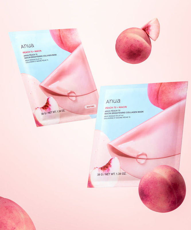 ANUA Peach 70 Niacin Brightening Collagen Mask 4pcs de la marque ANUA, masques sur fond rose avec pêches.