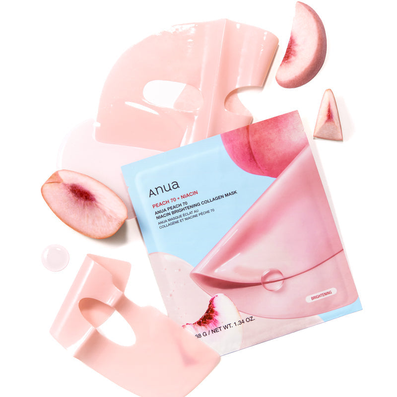 ANUA Peach 70 Niacin Brightening Collagen Mask 4pcs par ANUA, masque de collagène sur fond blanc avec tranches de pêche.